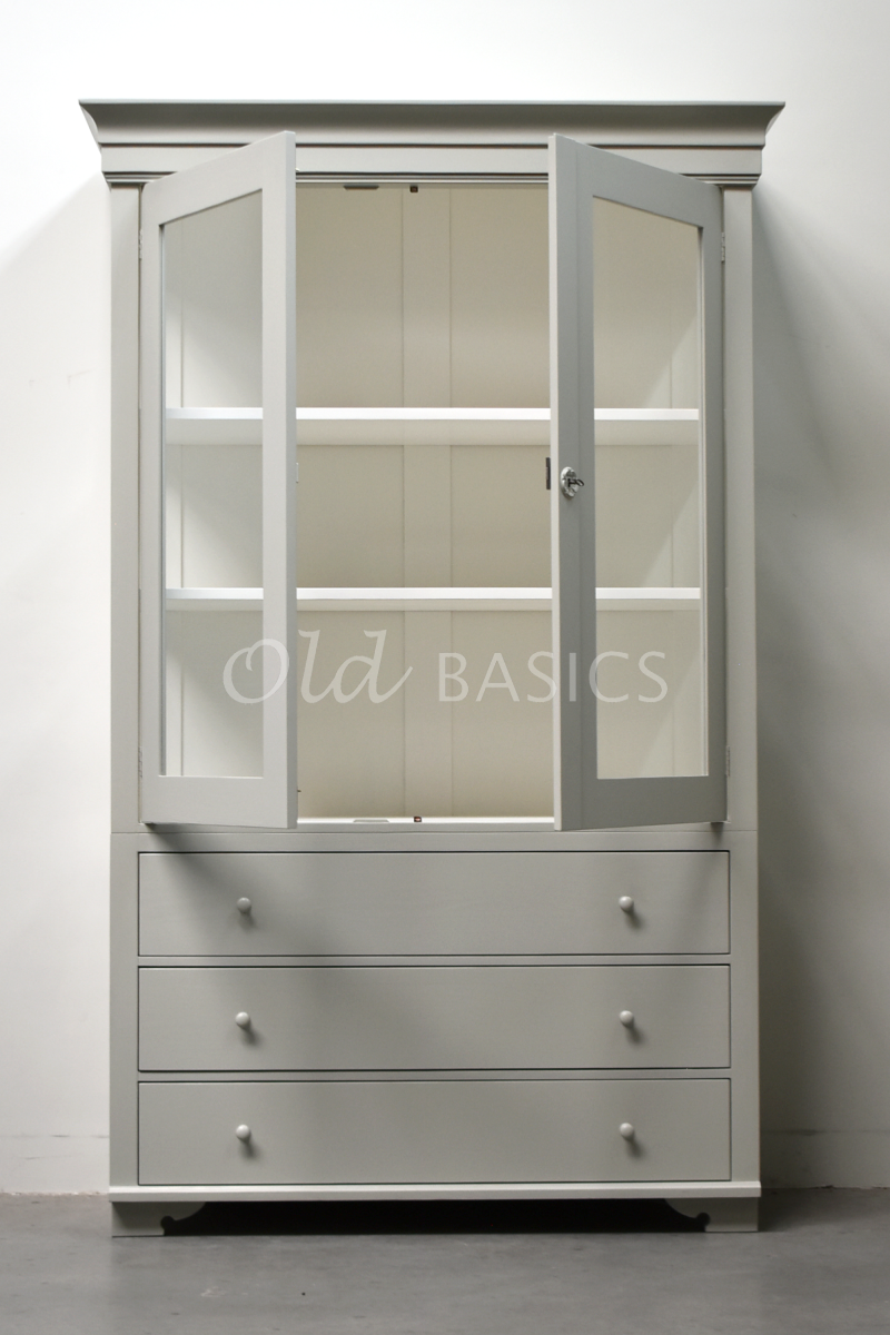 Detail van Zweedse vitrinekast, 2 deuren, RAL7032, grijs, materiaal hout